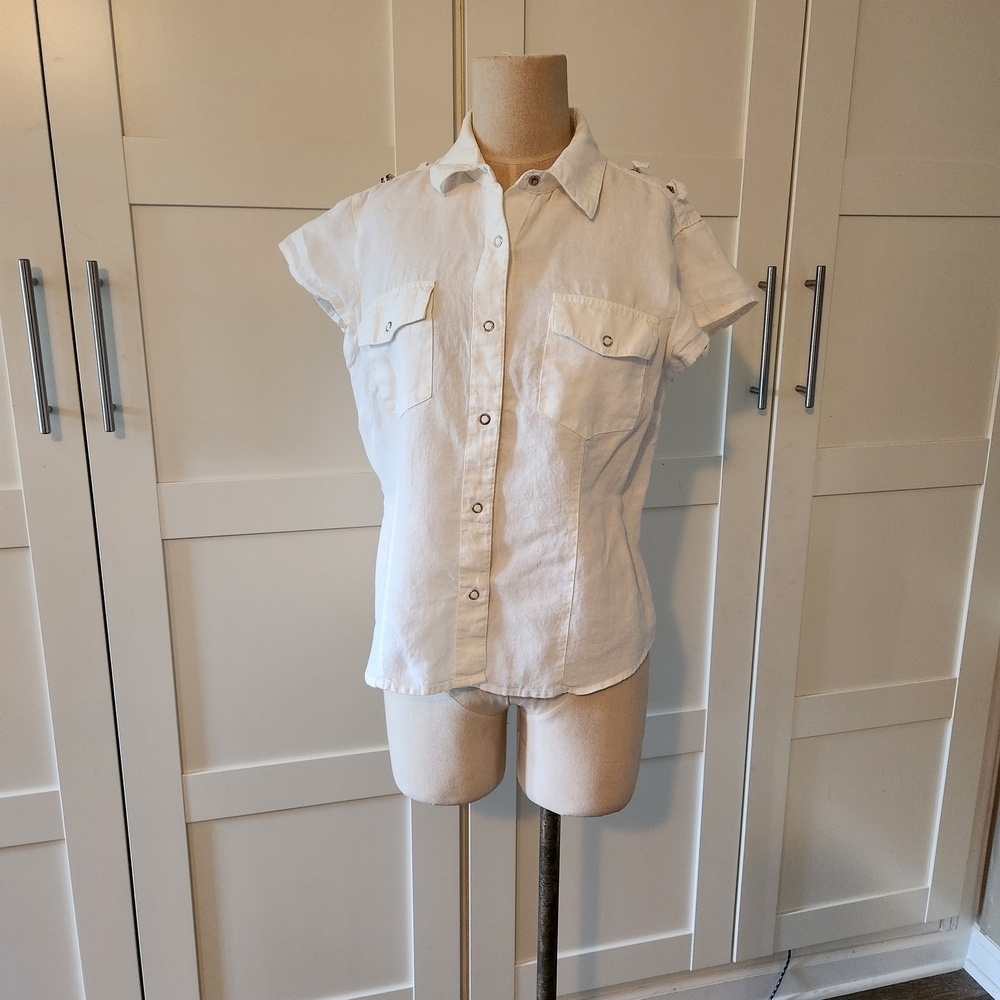 Tommy Hilfiger Y2k White Linen Shirt Snap Button Captain Sz Large